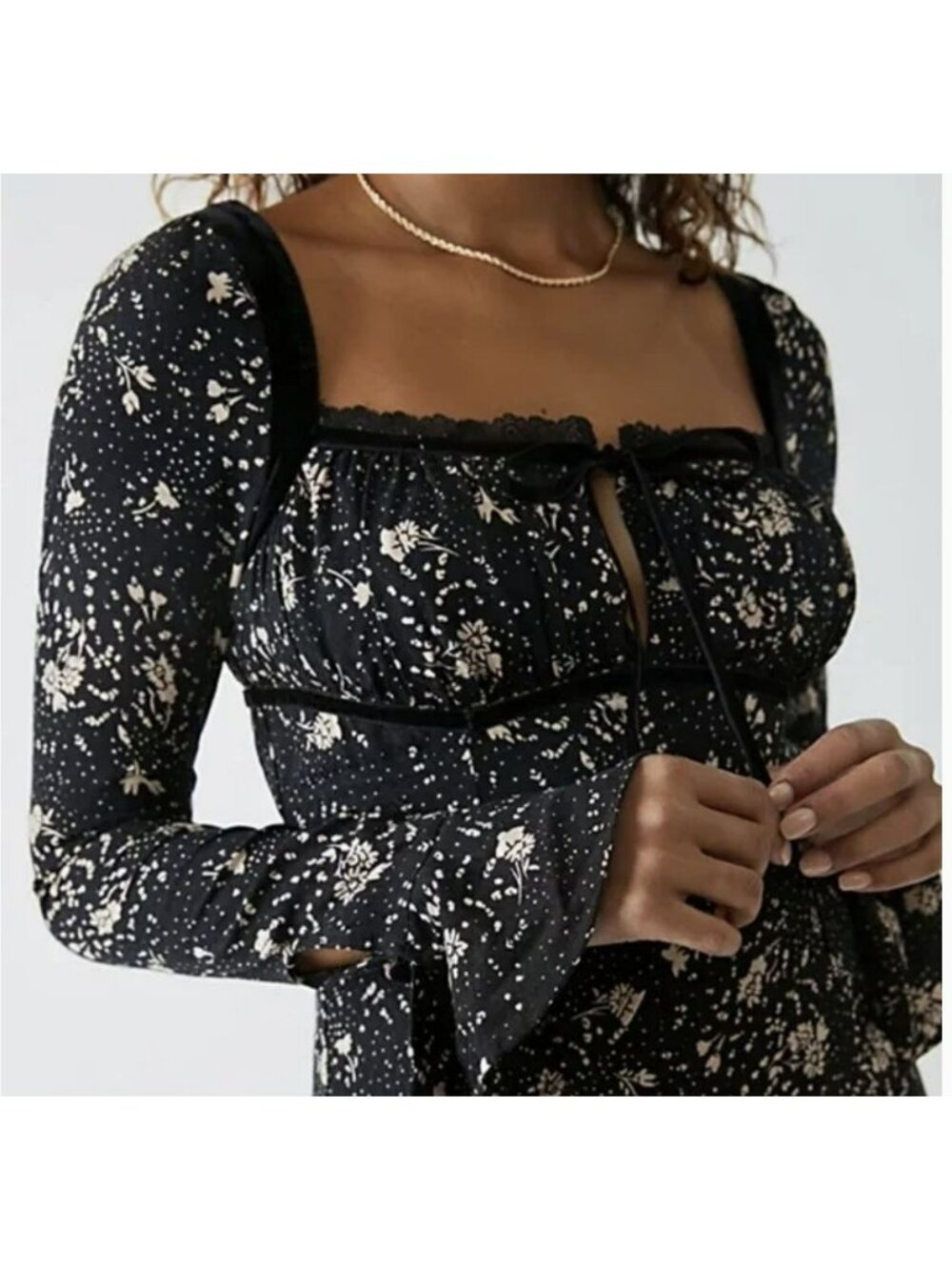 Free People Black Floral Mini Dress Tess Long Sleeve XS NWT - Picture 2 of 9